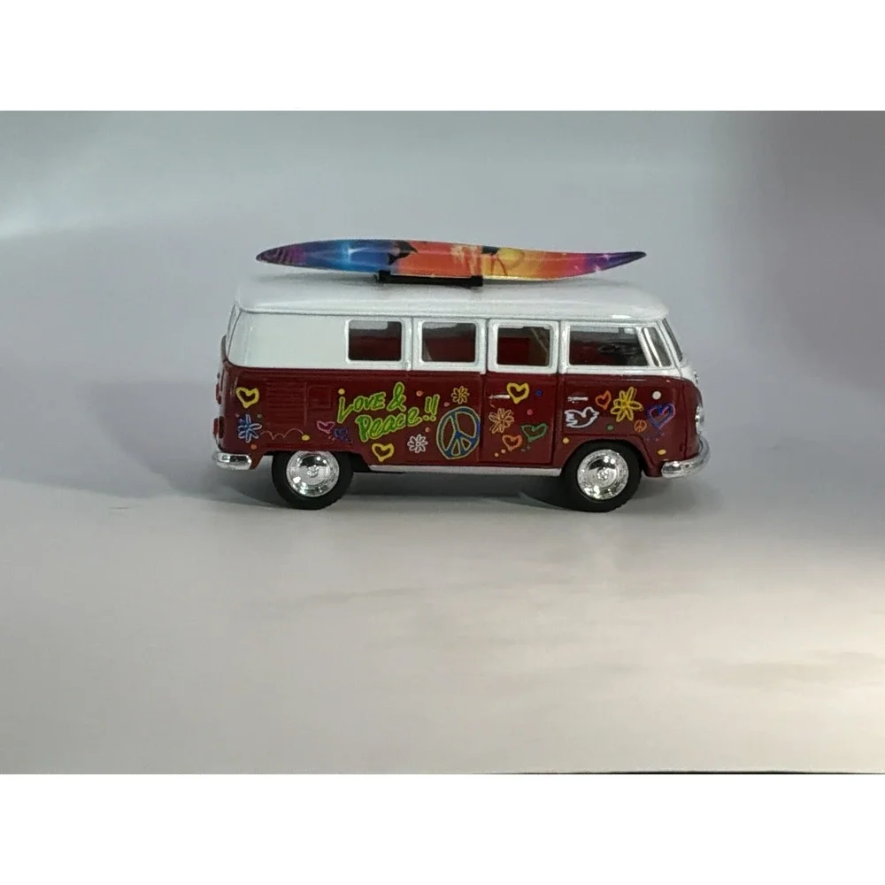 Kinsmart 1962 Volkswagen Classical Red Bus w/ Surfboard  1/32 Scale Love & Peace
